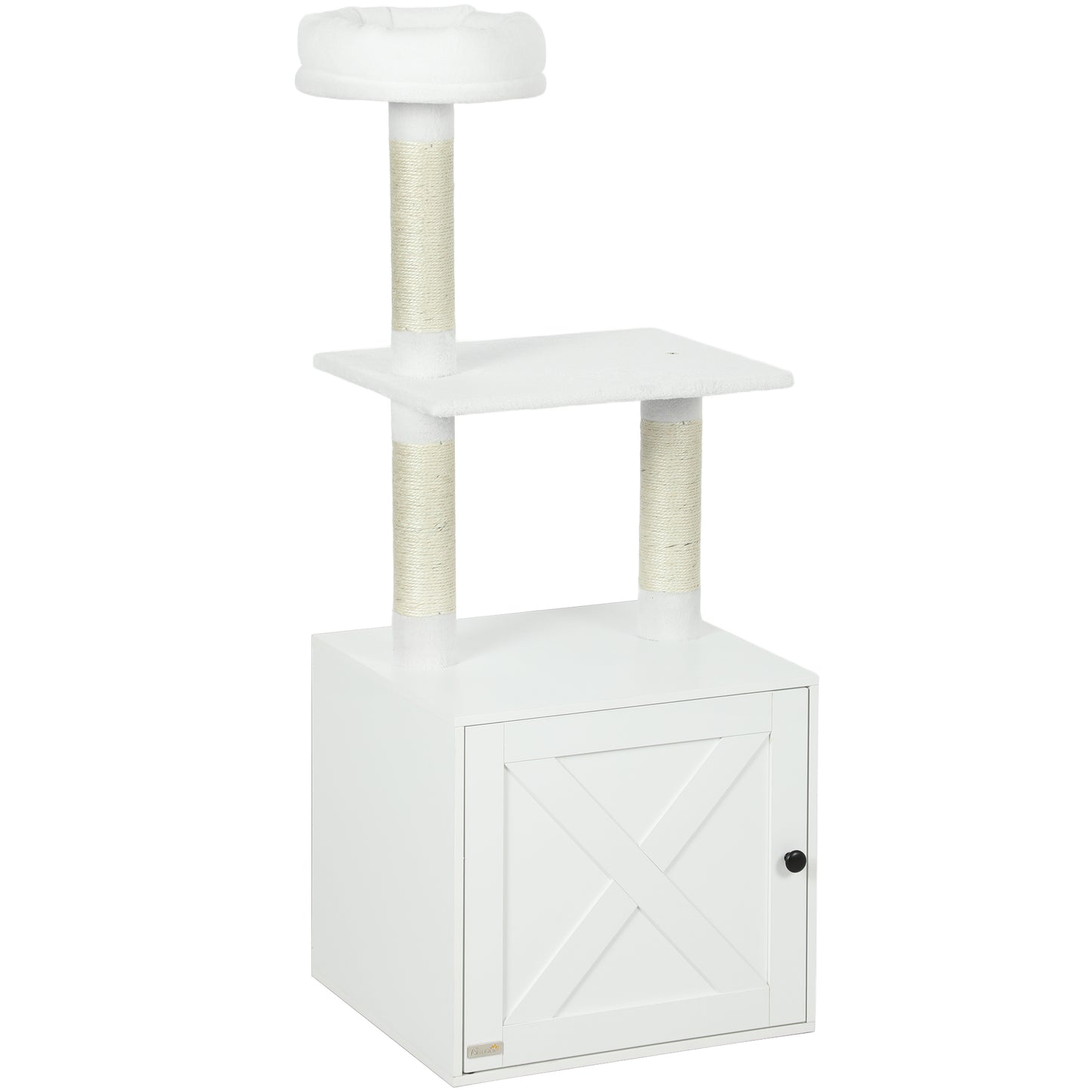 Multi-Functional Cat Tree with Litter Box Enclosure, Climbing Posts & Bed - White