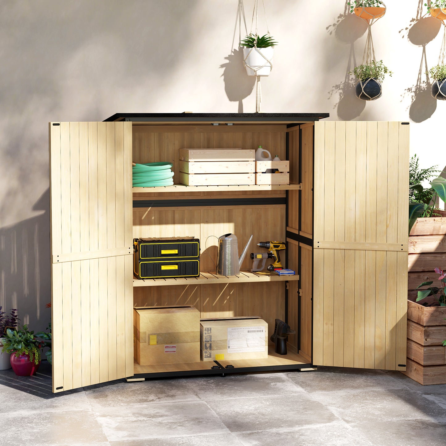 Wood Storage Shed, Outdoor Garden Shed With Asphalt Roof, 2 Shelves,
