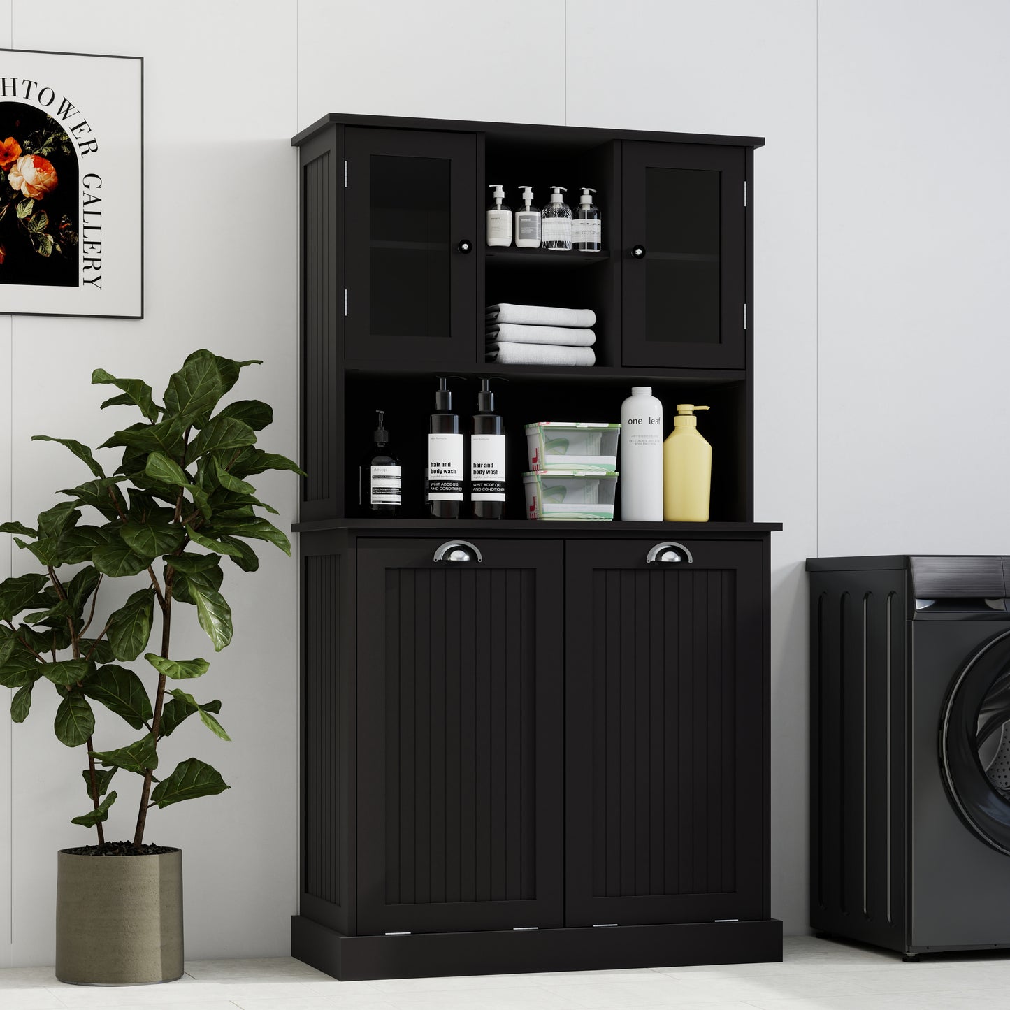 Tall Bathroom Cabinet with Tilt-Out Laundry Basket & 2 Shelves - Black