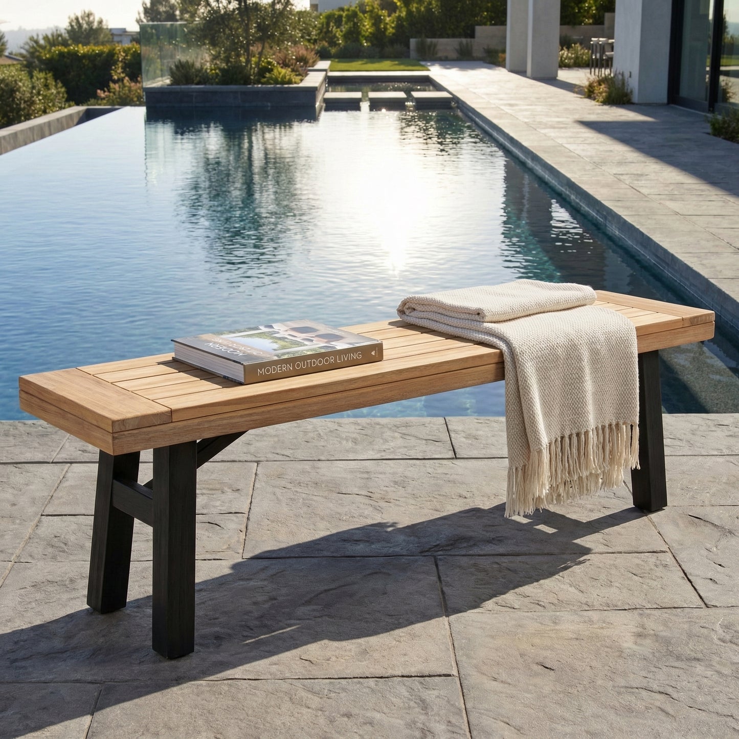 Outdoor Bench with Slat Panel Design - Grey Acacia Wood Frame