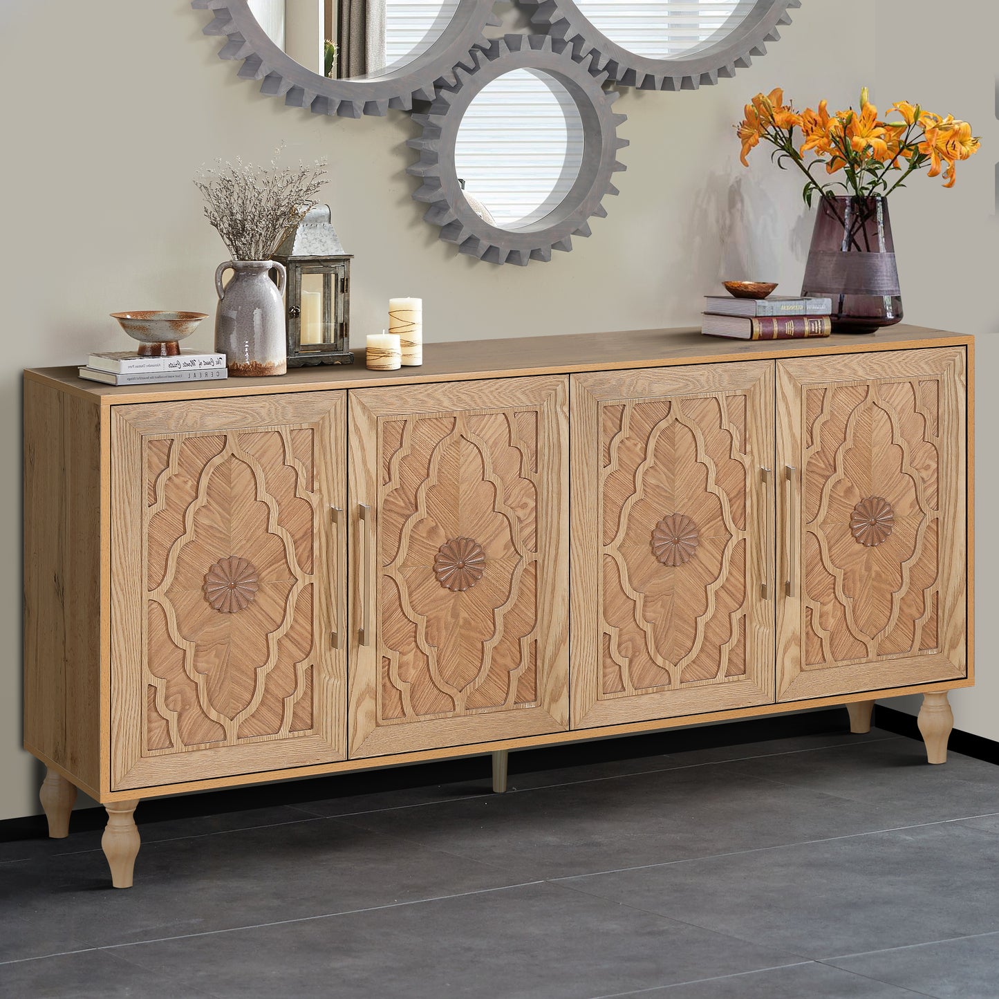Large Carved Flower Door Storage Cabinet - Natural Wood