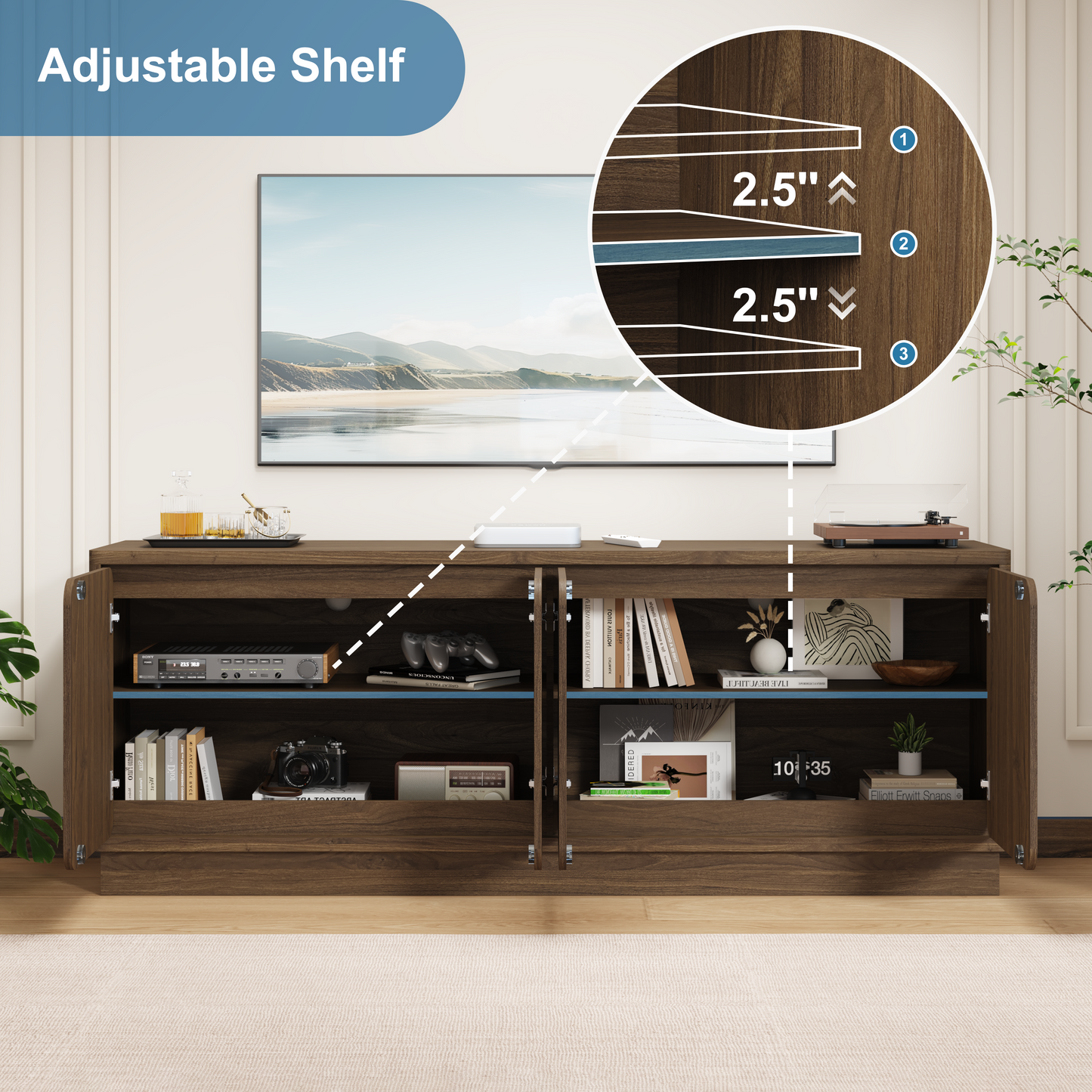 63 Inch Walnut TV Stand with 4 Storage Doors - Modern Media Console