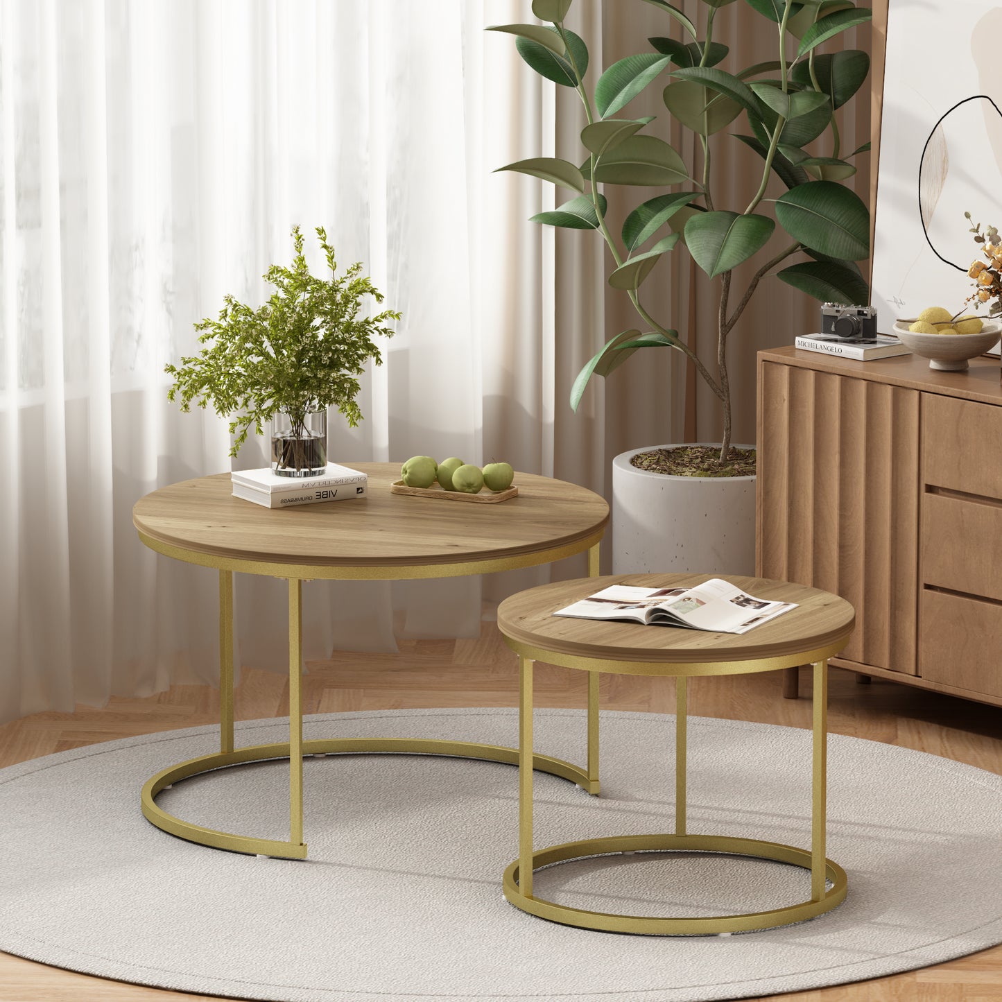 Nesting Coffee Table Set of 2 - Round Wood & Metal - Brown+Gold
