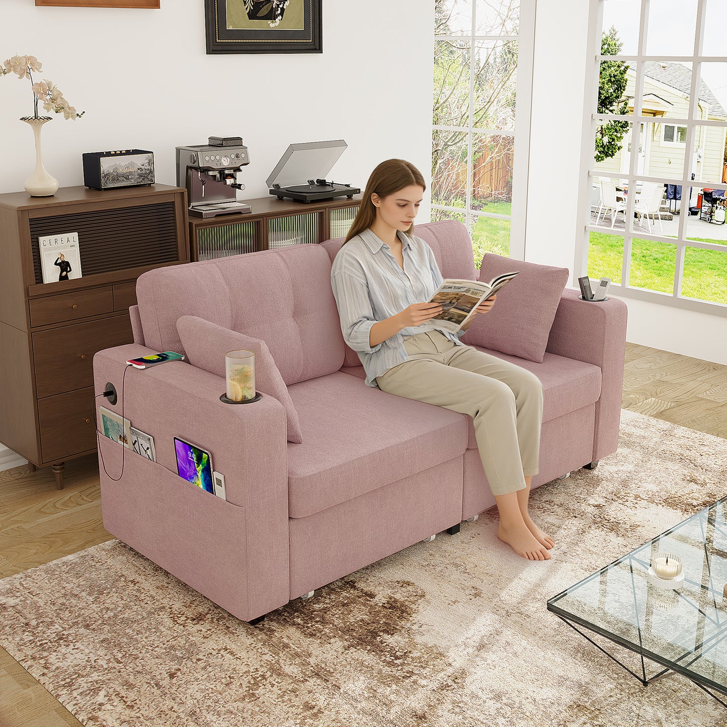 Modern 3-Seater Sofa with USB Charging & Storage - Pink