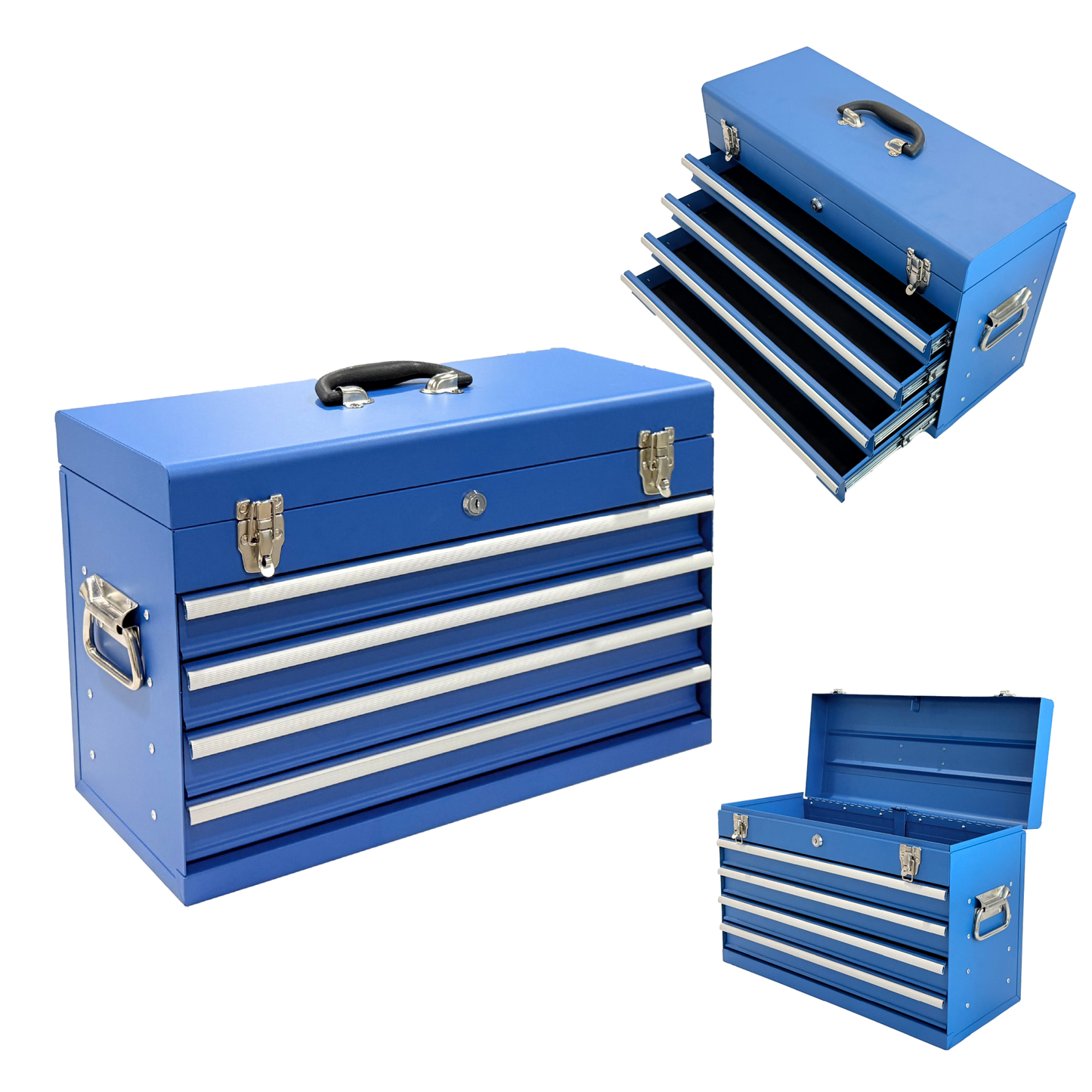 Heavy Duty Metal Tool Box 21-Inch with 4 Drawers, Locking, EVA Liners, Portable Steel Storage Chest - Blue