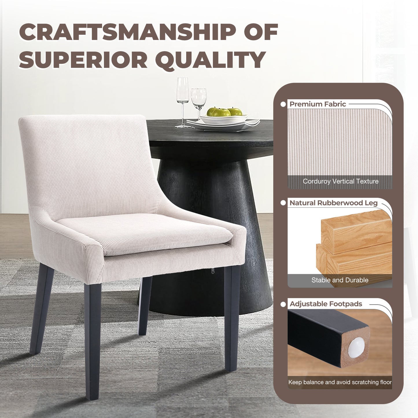 Upholstered Dining Chairs Set of 2 - Mid Back, Wood Legs