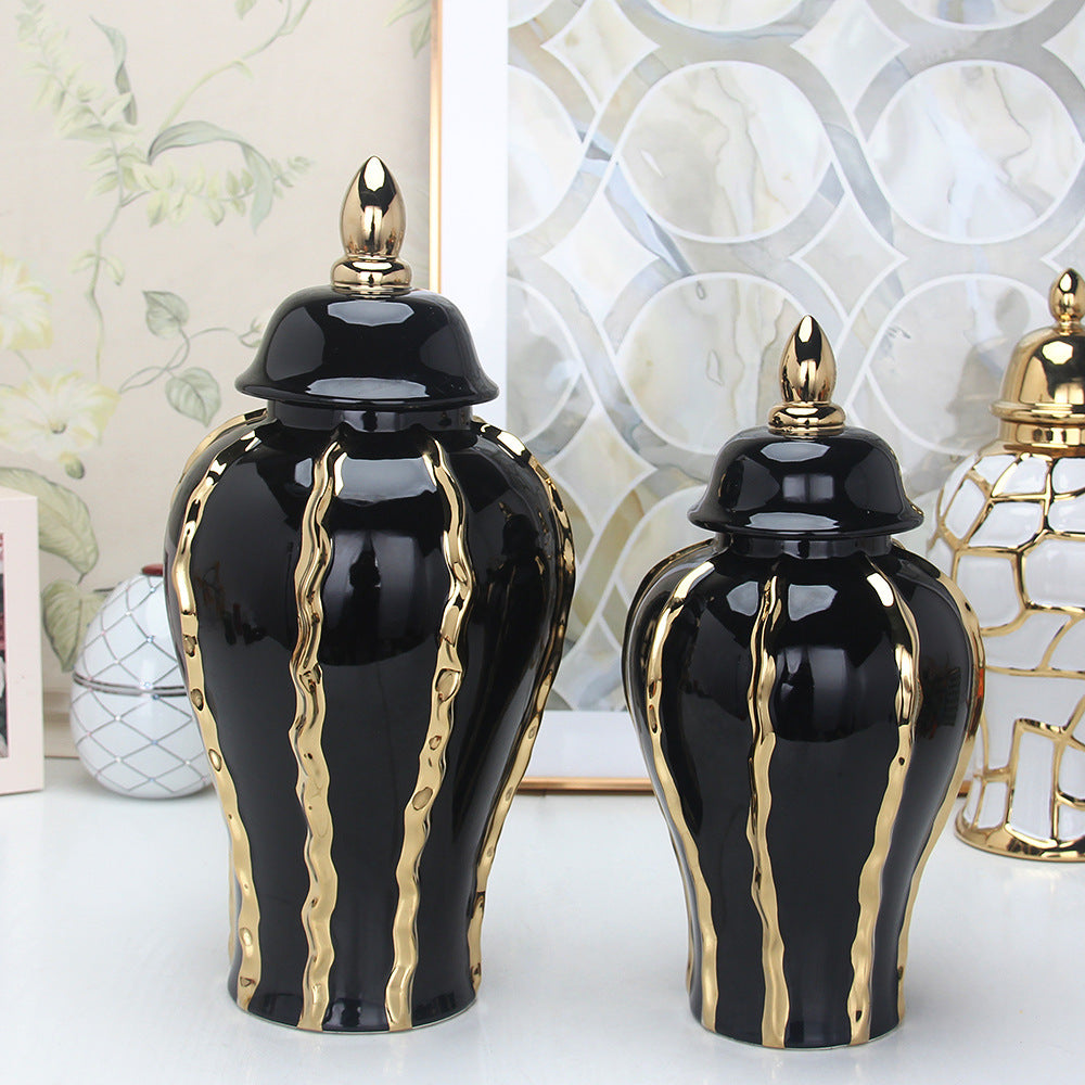 Ceramic Temple Jar Ornaments Set - Black and Gold Pattern Home Decor