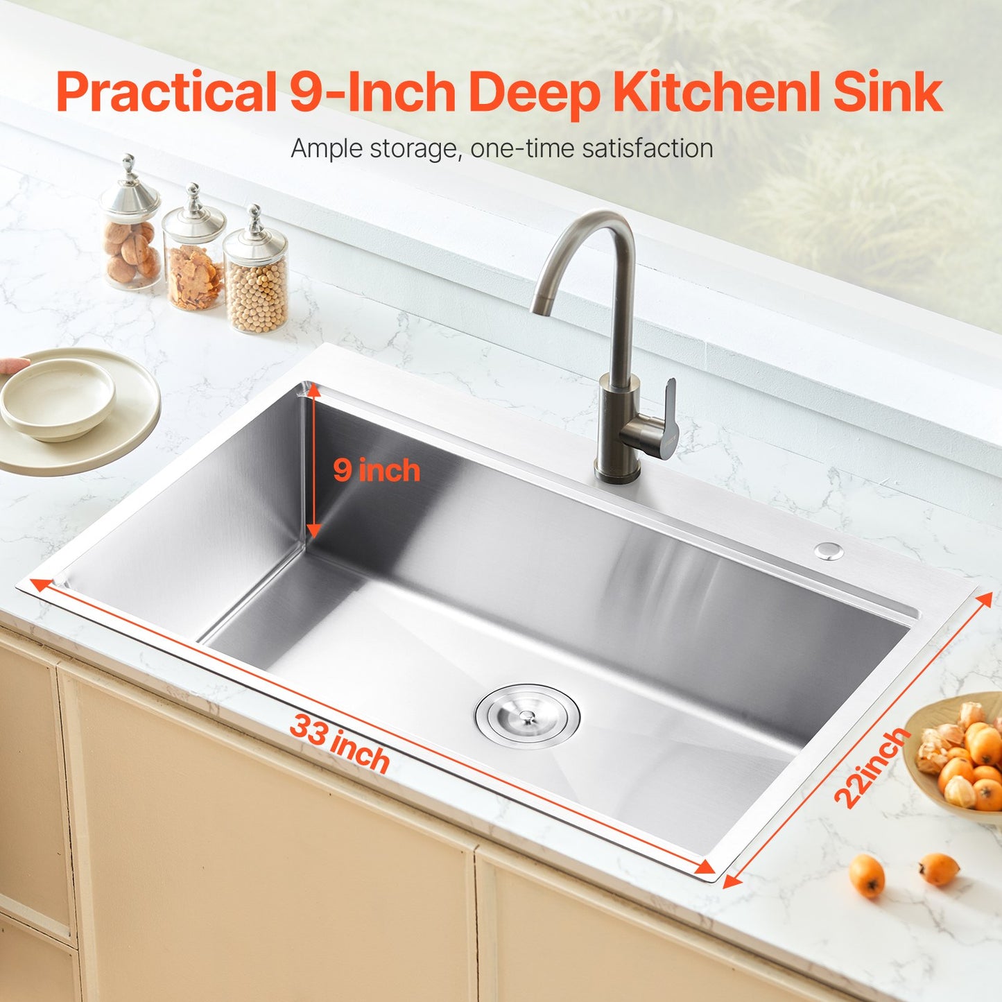 33-Inch Stainless Steel Drop-In Kitchen Sink - Single Bowl