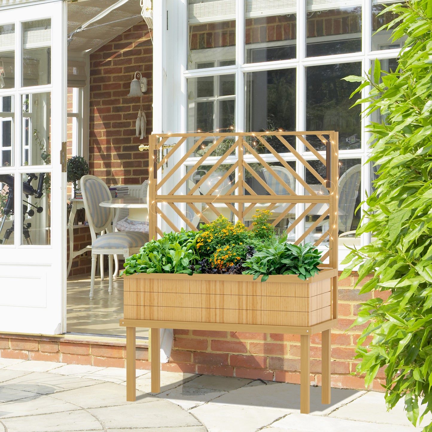 Wooden Garden Planter with Trellis for Climbing Plants, Raised Bed, Natural Finish