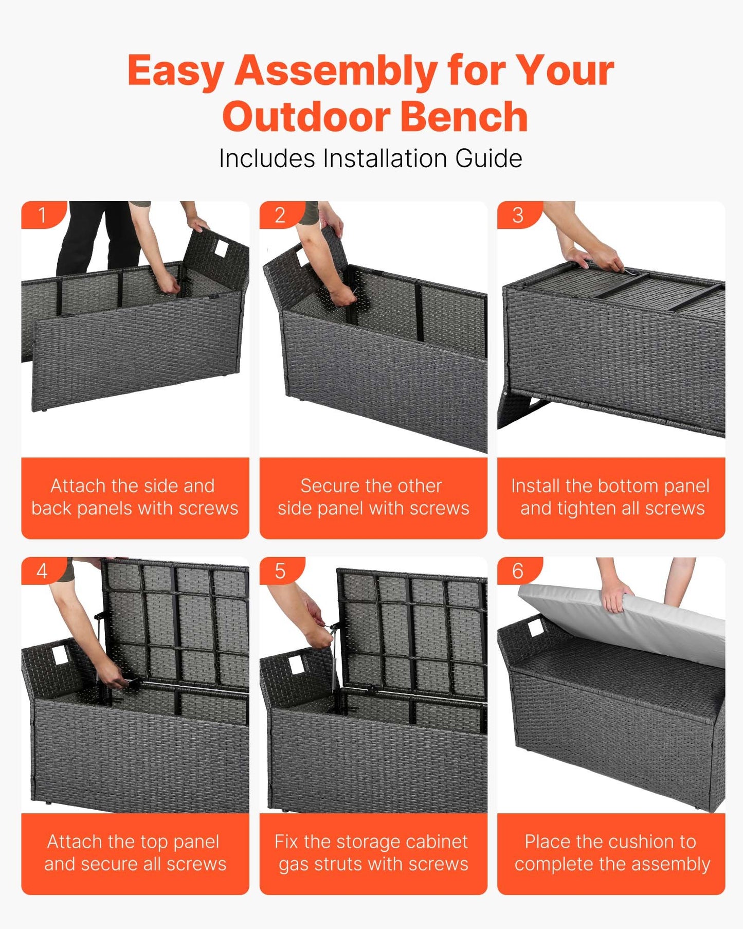 Outdoor Storage Bench with Cushions and Waterproof Rattan - Grey, 40 Gal