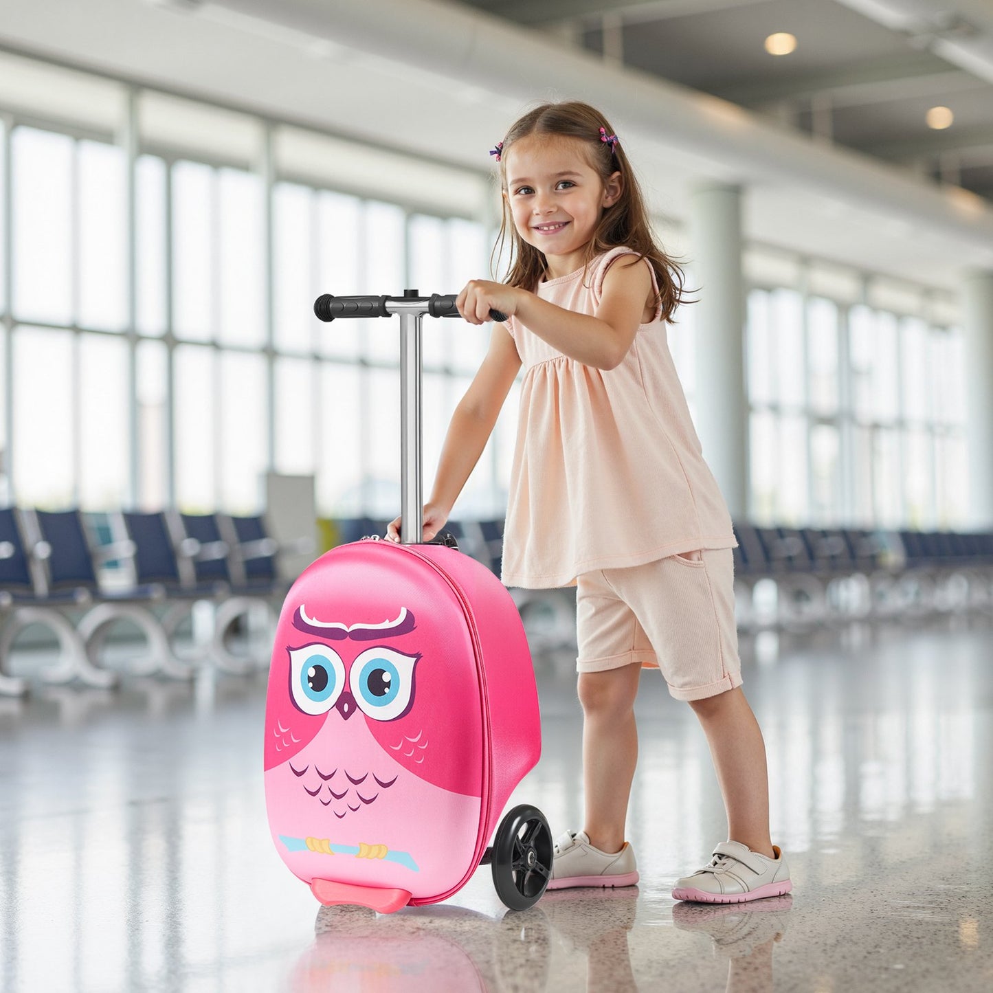 Kids Ride-On Luggage 20-Inch Pink Scooter Suitcase with Flash Wheels