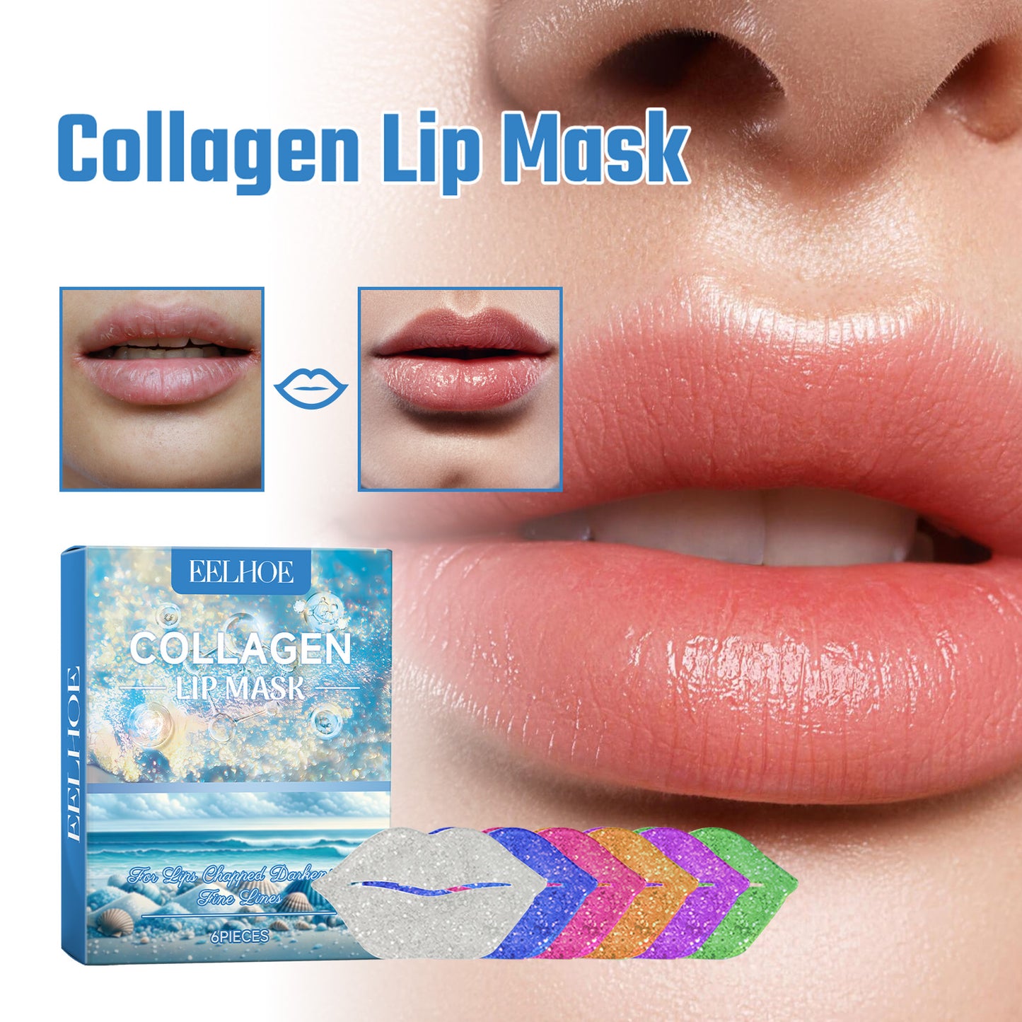 Collagen Lip Mask for Dry Lips - 6 Piece Hydrating Lip Treatment