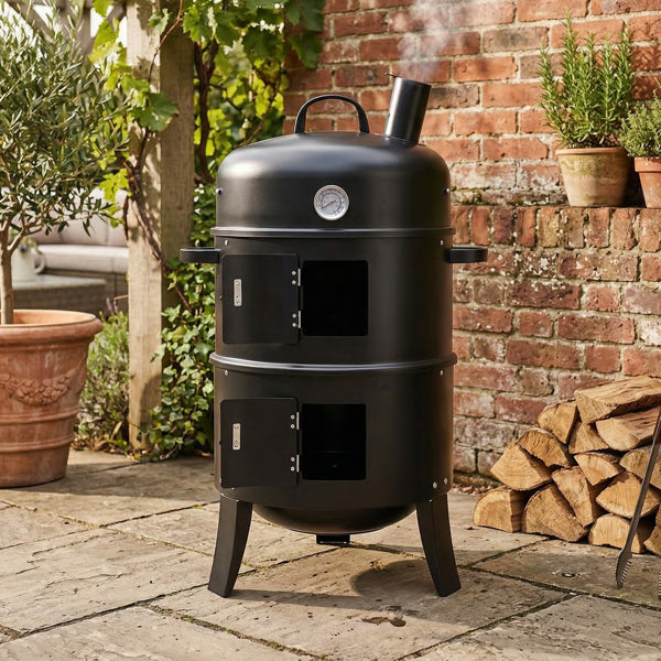 Black Cylindrical Outdoor Smoker with Chimney - Heavy-Duty Iron, 85cm