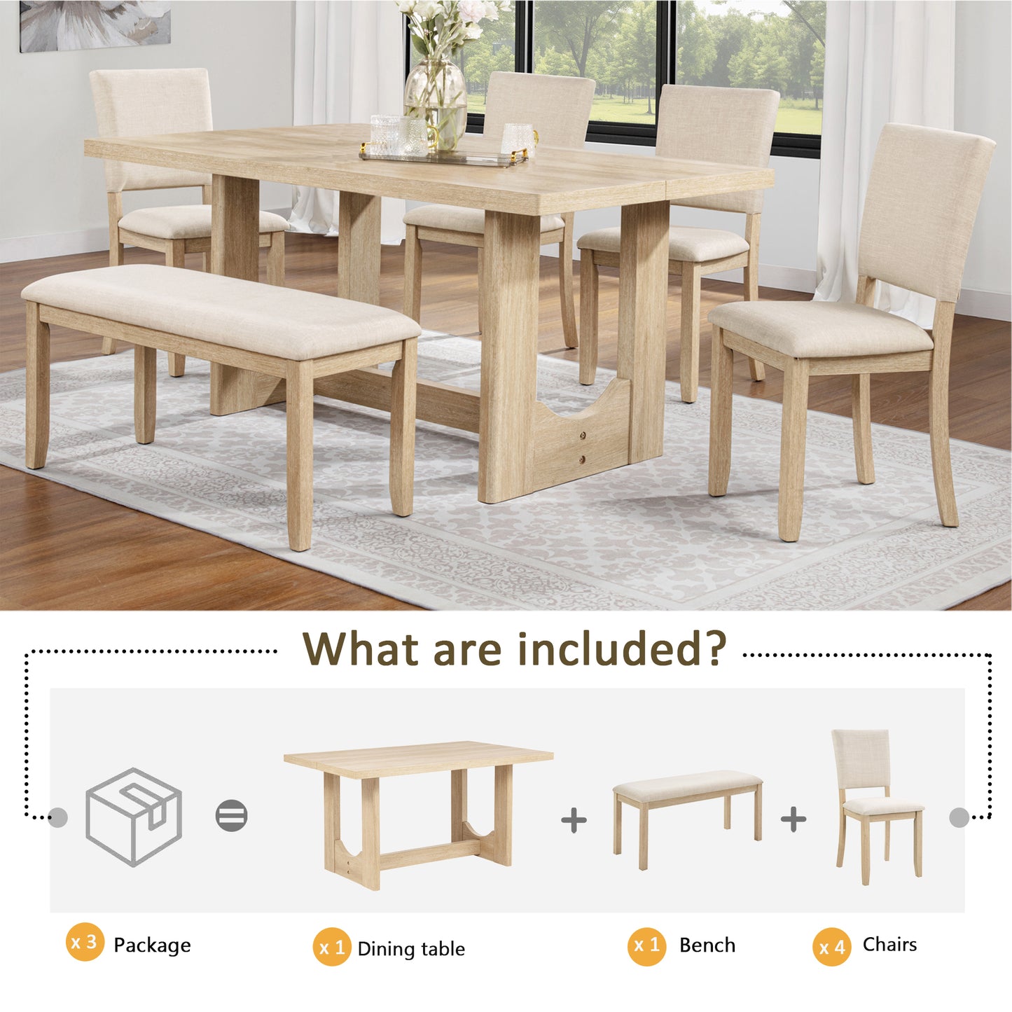 6-Piece Wooden Dining Table Set with Bench & Upholstered Chairs