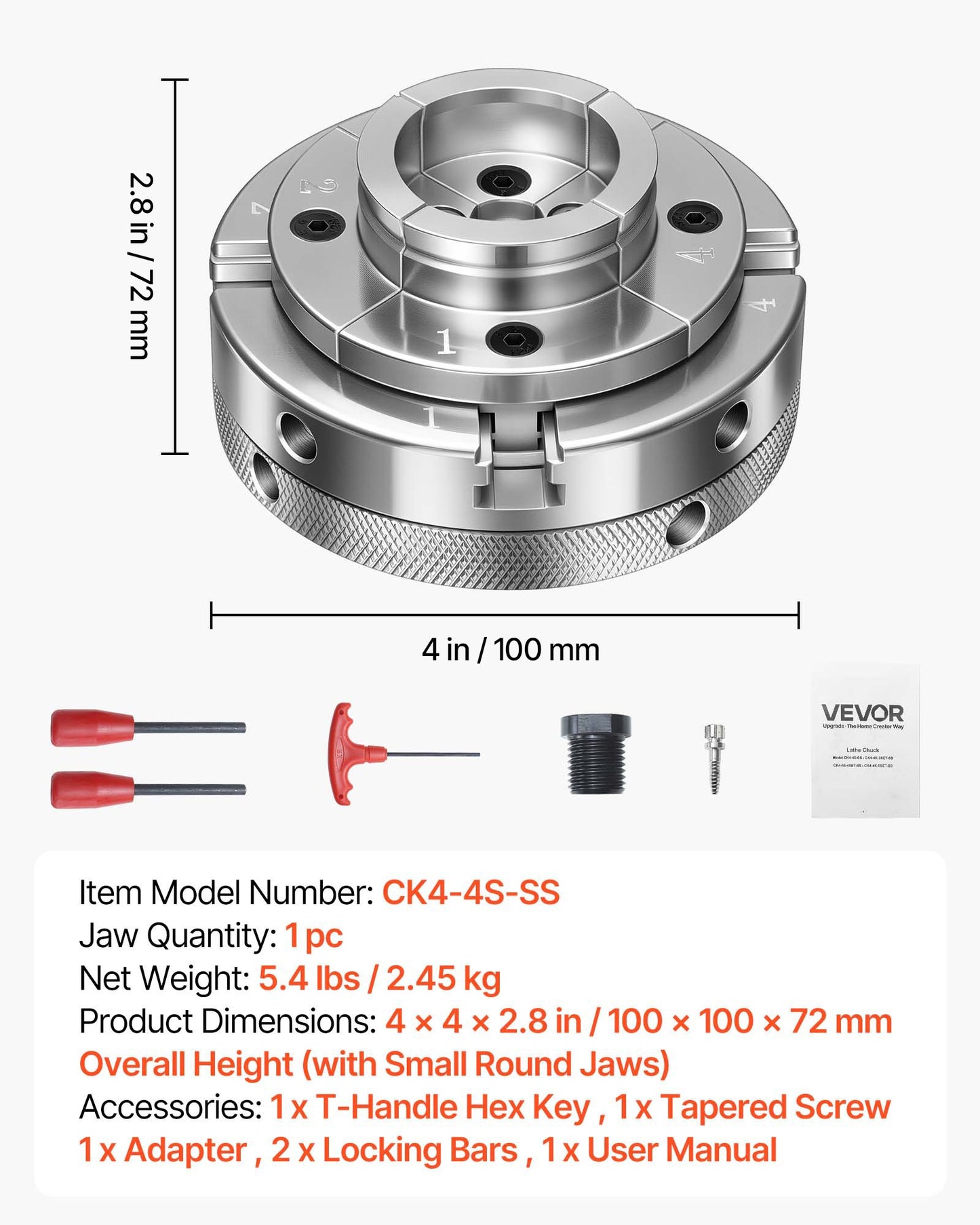 4 Inch Wood Lathe Chuck, 4-Jaw, Self-Centering Turning Chuck Set With