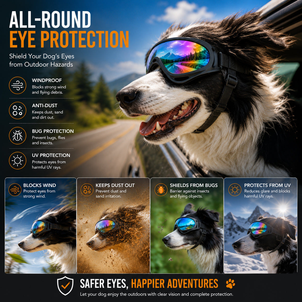 Dog Goggles for Medium & Large Dogs UV Protection Impact-Resistant Pet Glasses