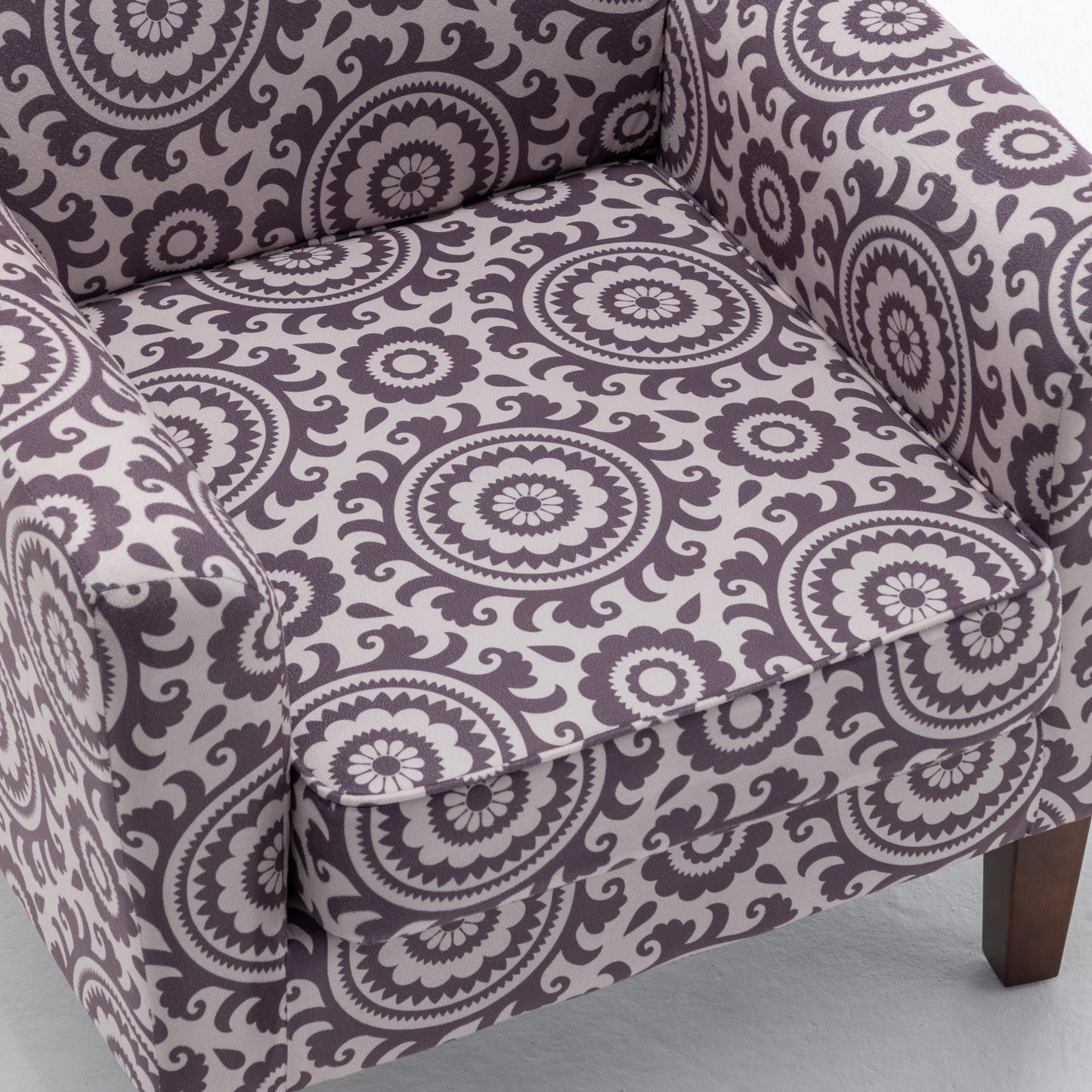 Patterned Polyester Blend Armchair, Solid Birch Wood Frame With Brown