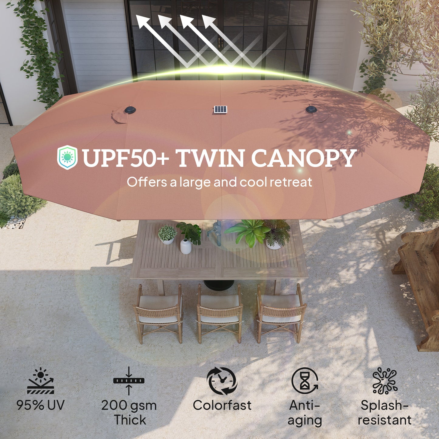 15ft Double-Sided Solar Patio Umbrella with Crank - Tan
