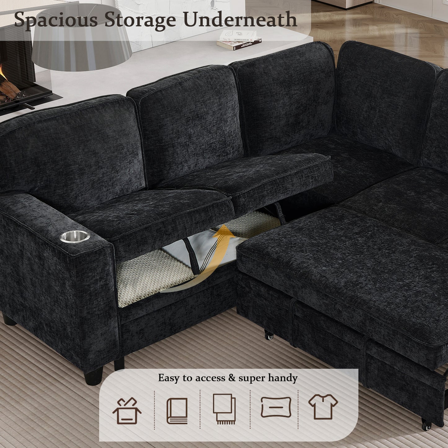 L-Shaped Sofa Bed with Storage & USB Ports - Charcoal Grey