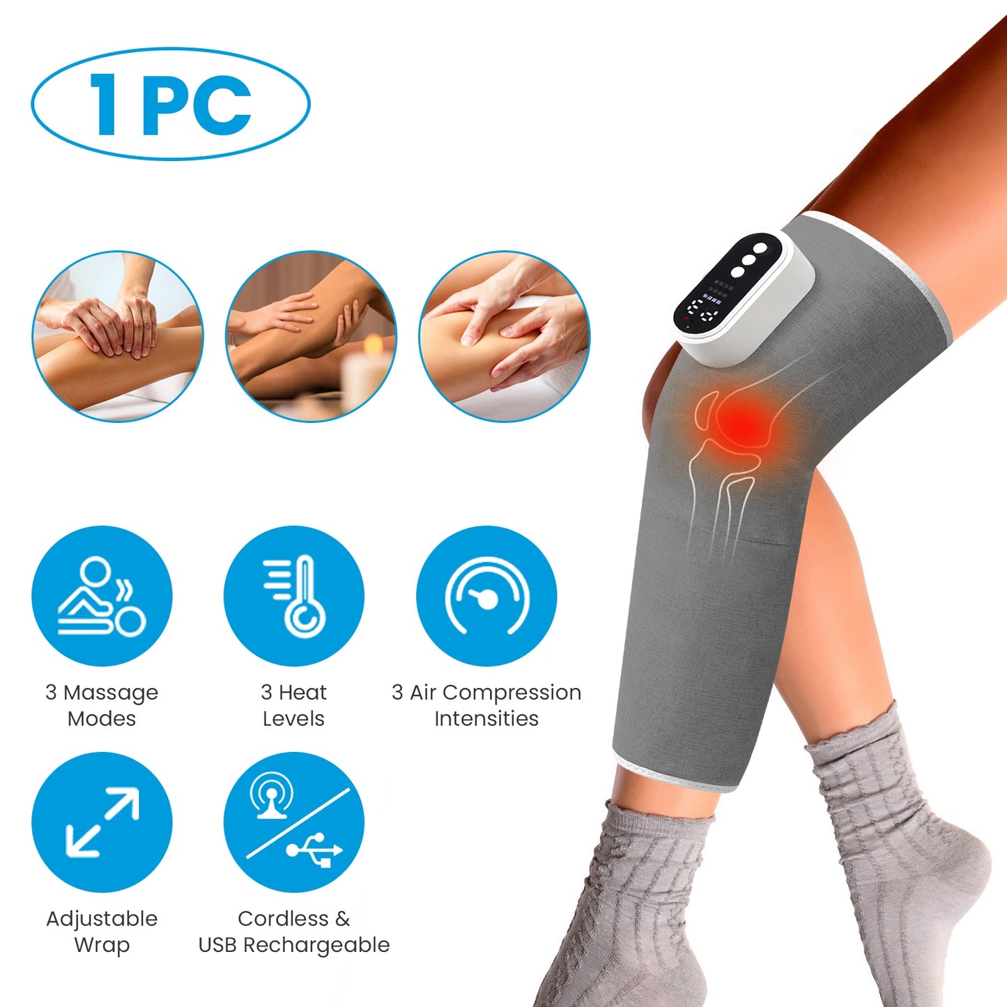Cordless Leg Massager with Heat & Air Compression - Adjustable Calf Wrap
