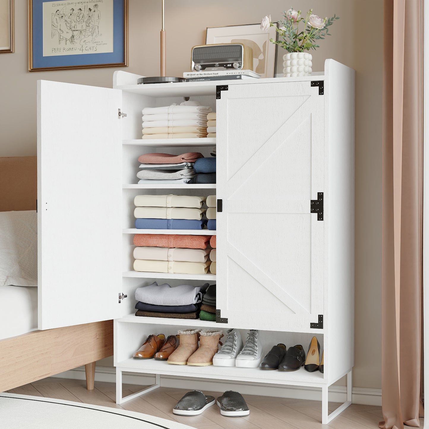 6-Tier Shoe Storage Cabinet with Doors - White Wooden Organizer