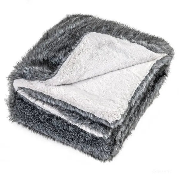 Gray Faux Wolf Fur Throw Blanket - Soft Fleece, 60"x80"