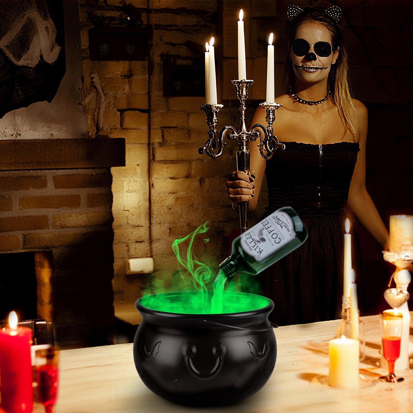 Halloween Floating Bottle Set with Cauldron & Green Mist