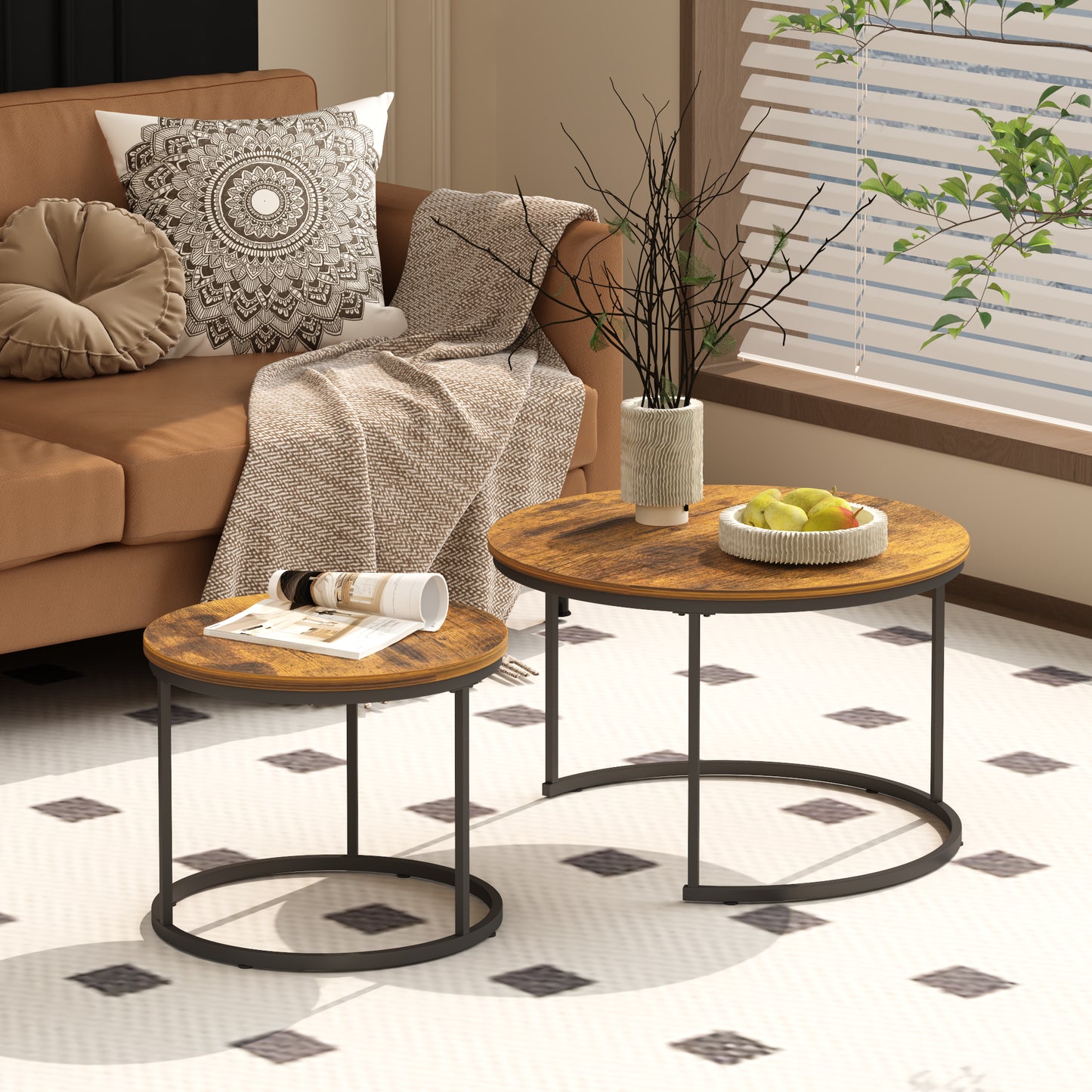 Nesting Coffee Table Set of 2 - Round Wood & Metal, Rustic Brown