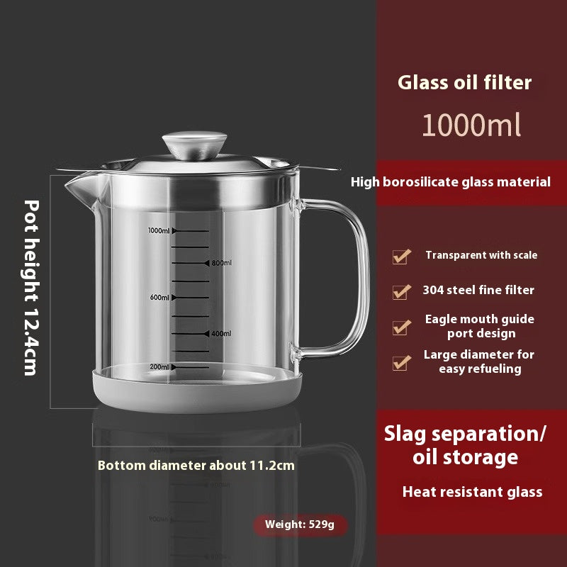 Glass Oil Drain Pot with Stainless Steel Cover - Household Kitchen Oil Filter Jar