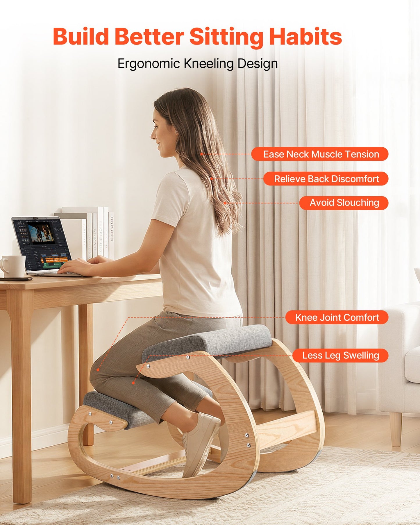 Ergonomic Kneeling Chair with Wooden Frame & Thick Foam Cushions - Adjustable Height for Posture & Back Pain Relief, Gray
