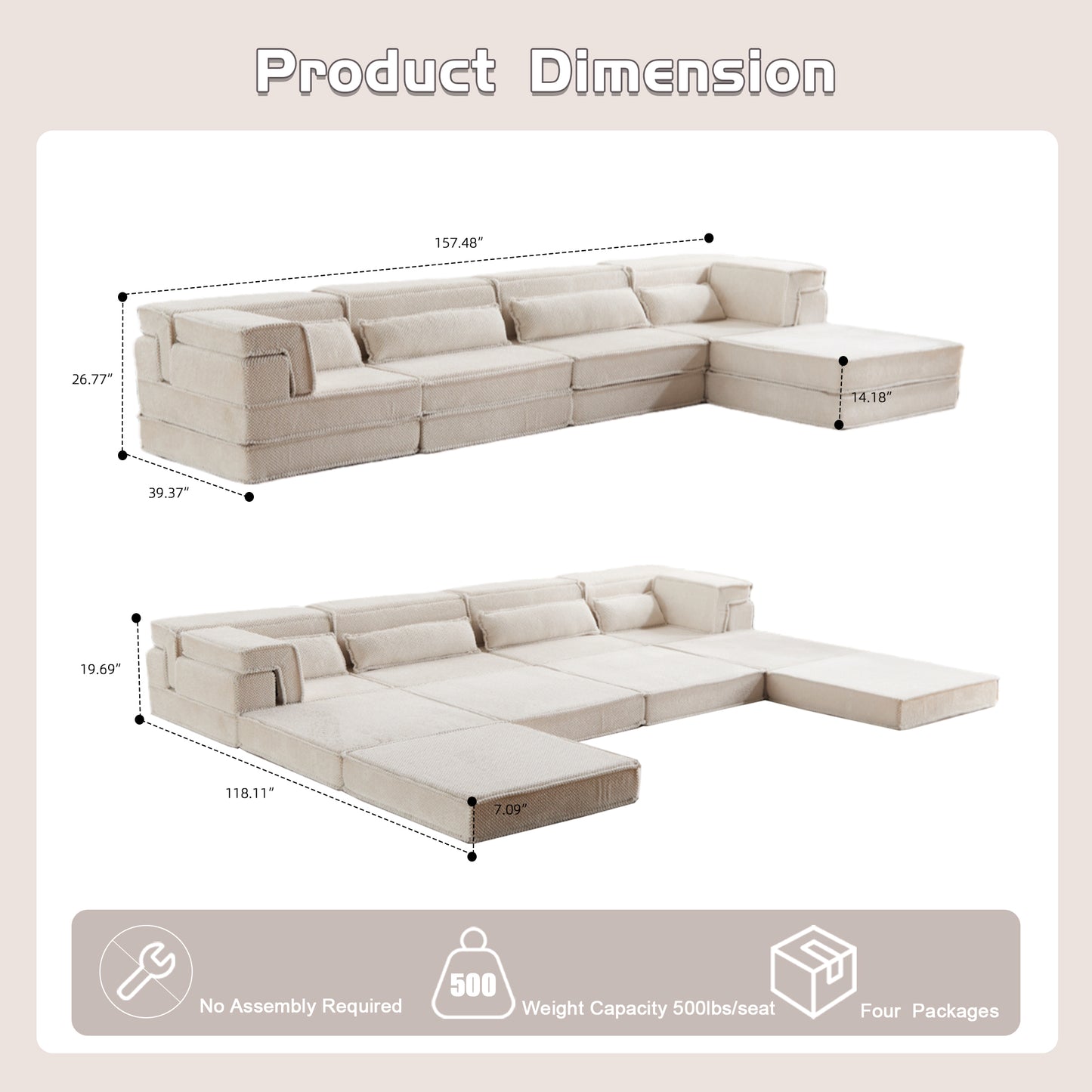 Oversized Modular Sectional Sofa Bed with Ottoman - White