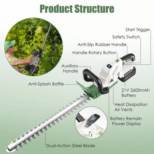 20'' Cordless Hedge Trimmer with Dual-Action Blades, 21V Battery, Adjustable Handle