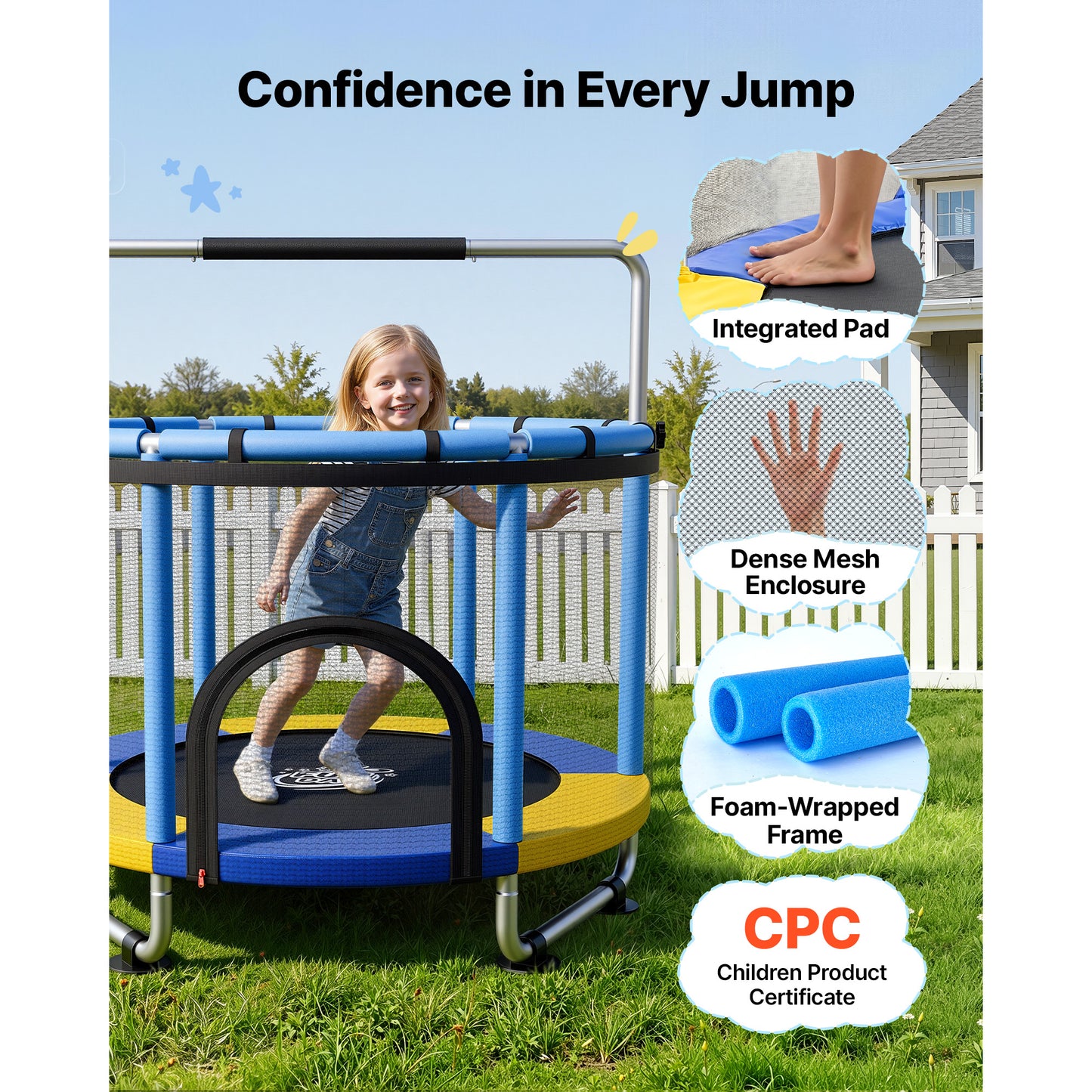 60-Inch Kids Trampoline with Enclosure and Adjustable Gymnastics Bar - Indoor Outdoor Play Toy