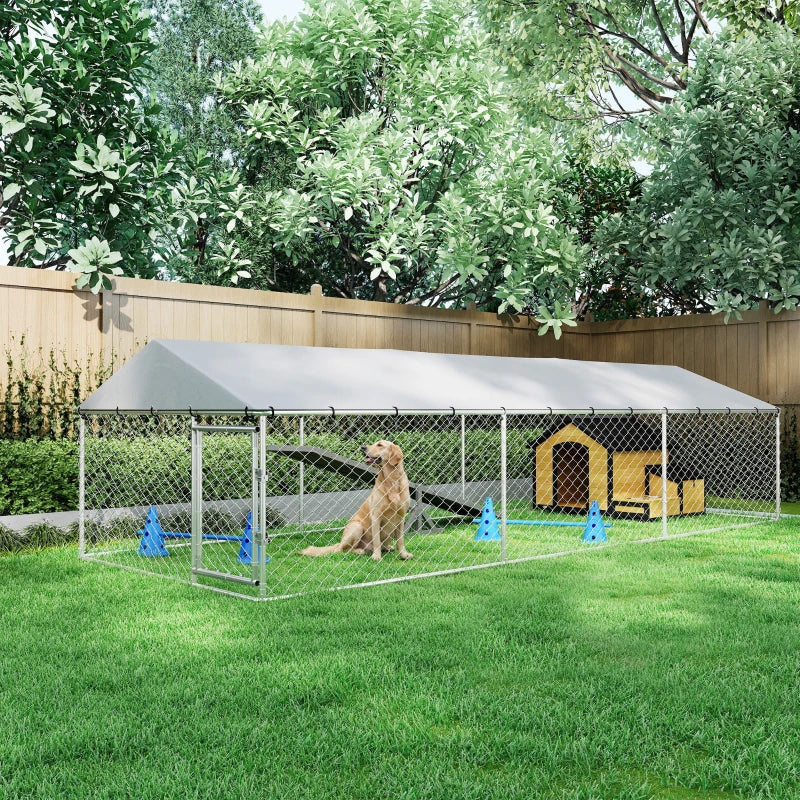 Large Outdoor Dog Kennel with Waterproof Roof, Galvanized Steel Frame, Silver