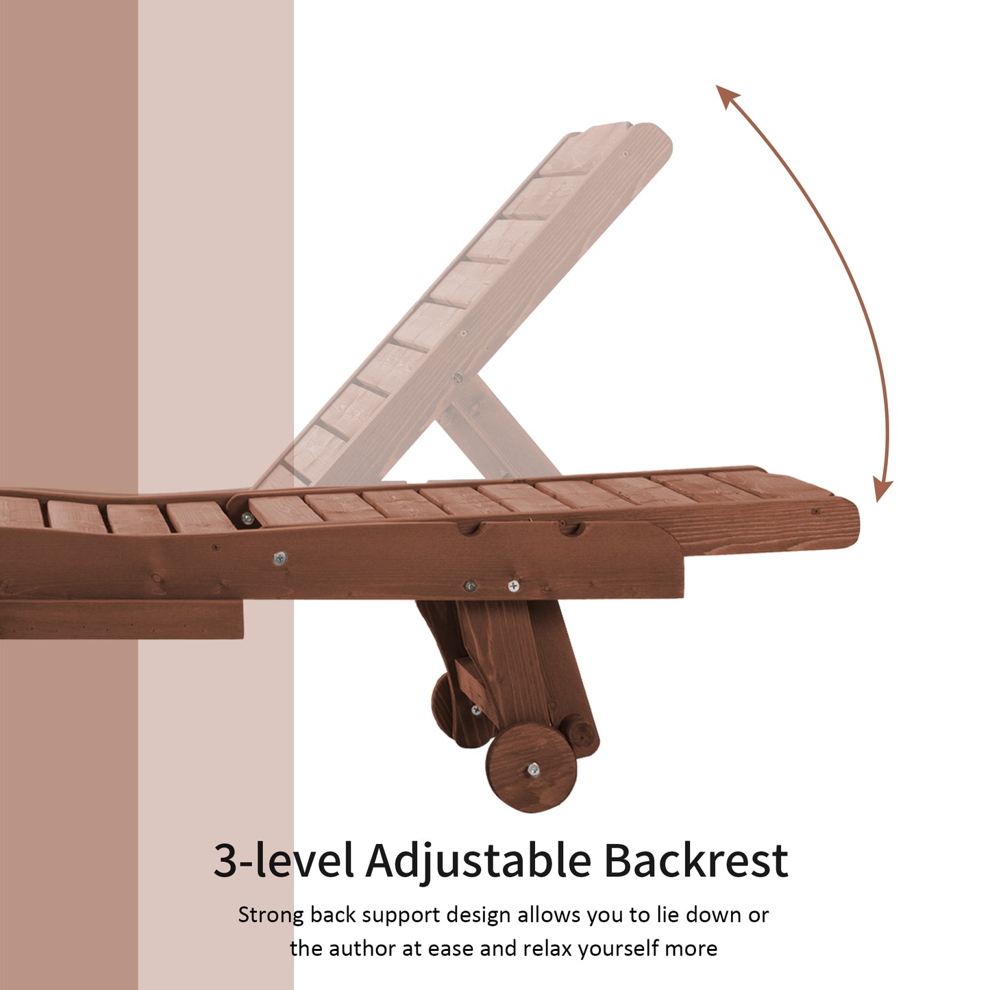 Chaise Lounge Chair - Outdoor Wooden Chair with Adjustable Backrest & Wheels