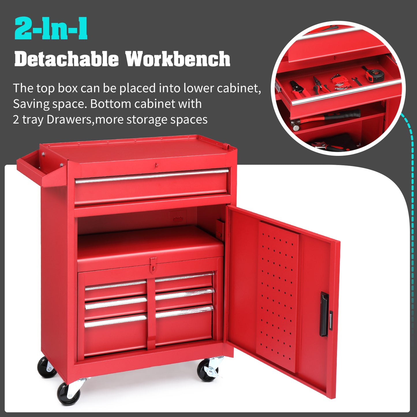 4-Drawer Steel Tool Cabinet with Lock - Heavy Duty Service Cart in Red