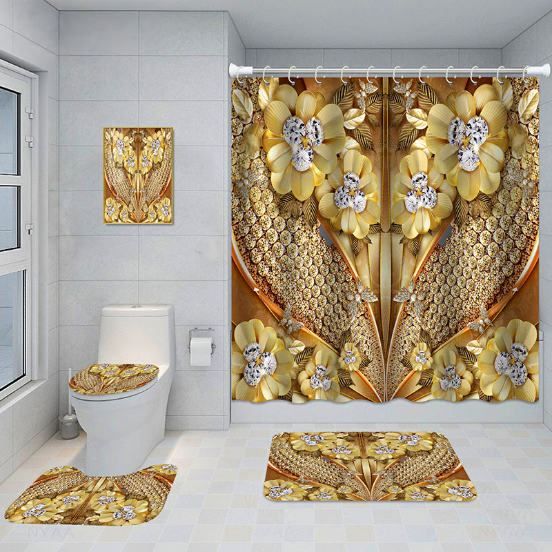Bathroom 5-Piece Shower Curtain Set with Mat and Decorative Aluminum Frame