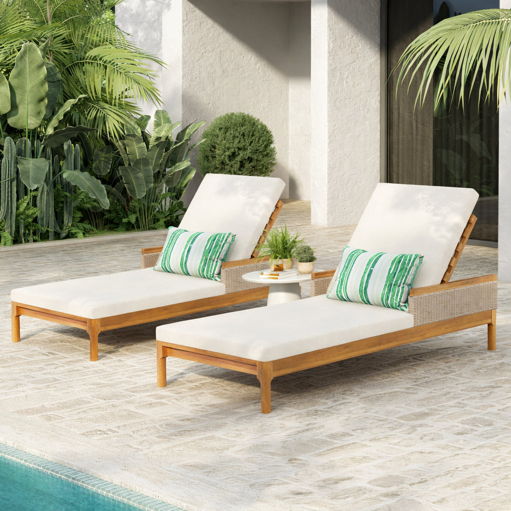 76.8" Solid Acacia Wood Sun Chaise Lounger Set of 2 - Beige Cushions & Grey Wicker