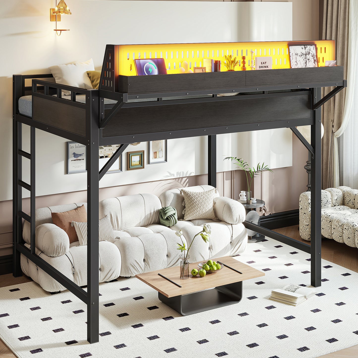 Full Size Metal Loft Bed Frame with Storage Shelves & USB Ports