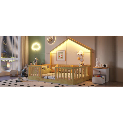 Full Montessori Floor Bed with High Rails & LED Light - Natural