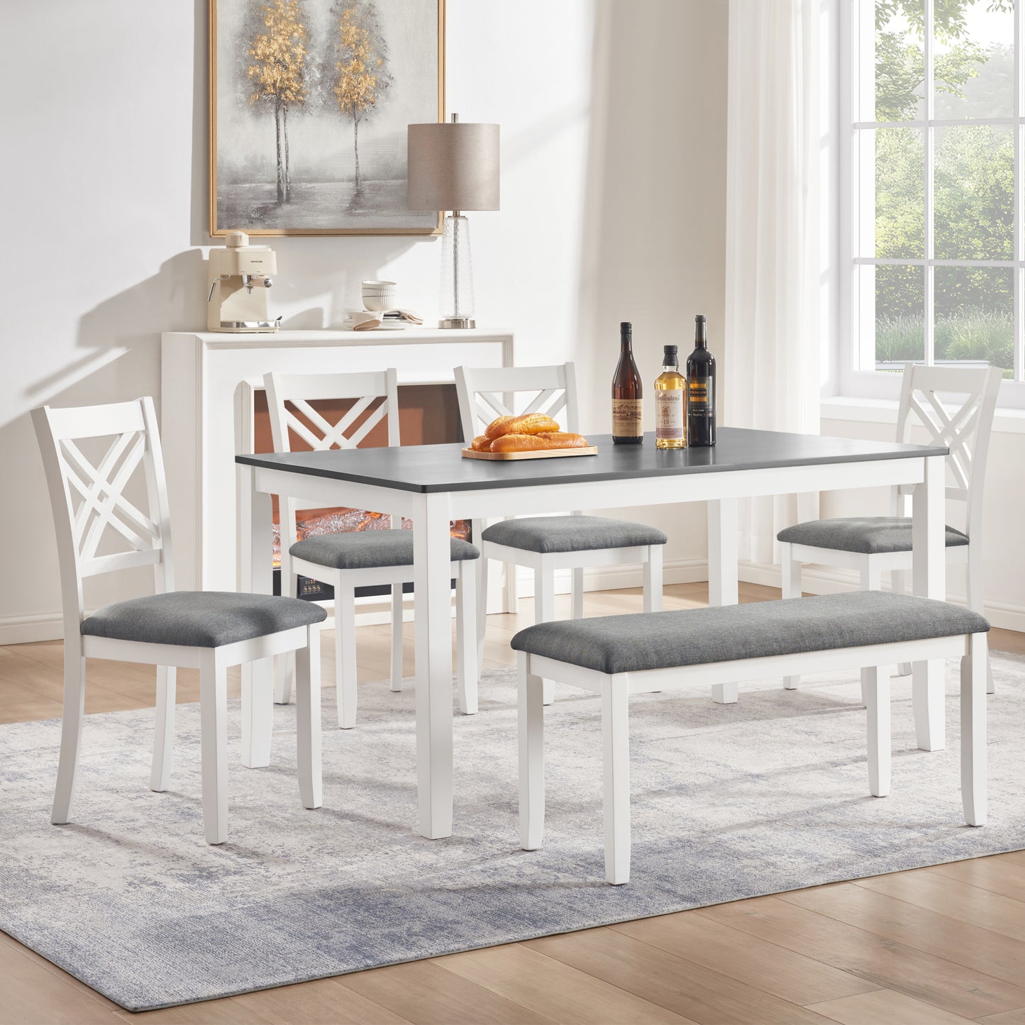 6-Piece Dining Set with Rectangular Table, Chairs & Bench - Grey & White