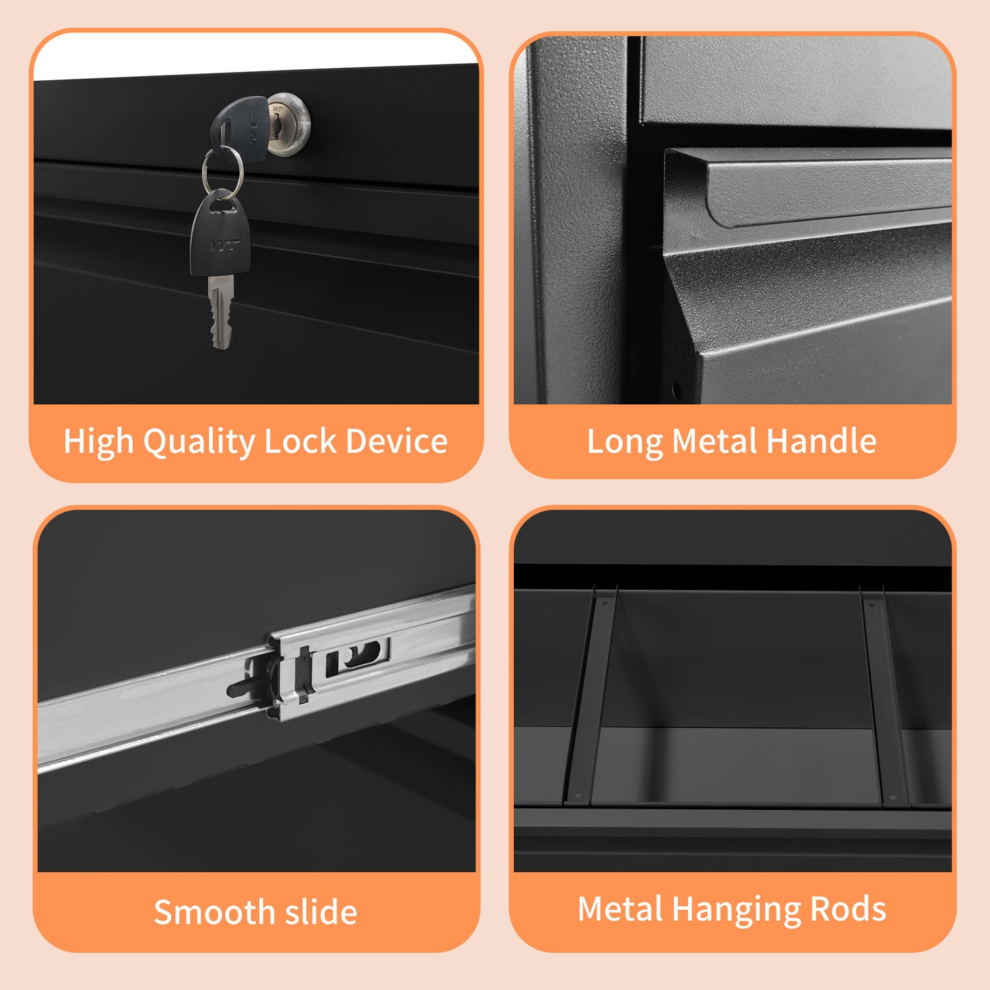 Lateral File Cabinet 4 Drawer, Black Filing With Lock, Lockable For
