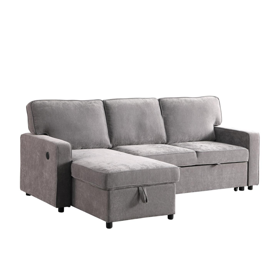 Sectional Sofa Bed with Storage, USB Port & Cup Holders - Gray
