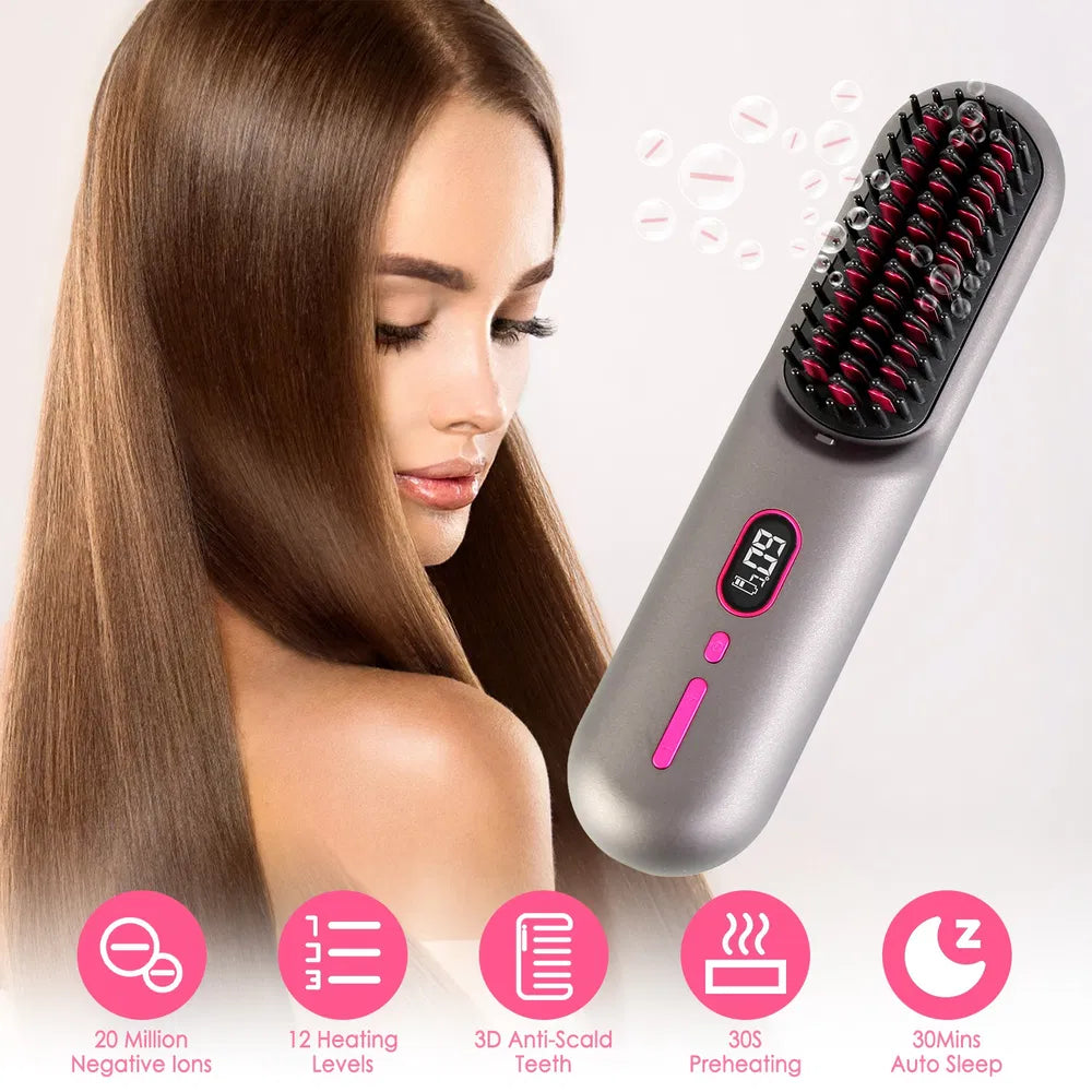 Cordless Negative Ion Hair Straightener Brush - Portable Rechargeable Comb