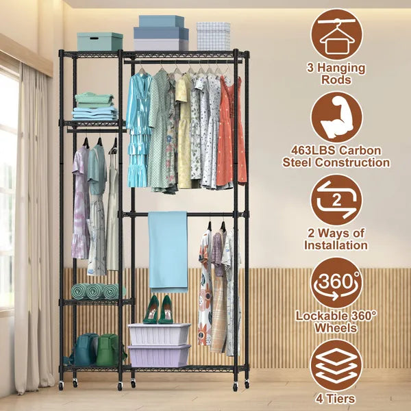 4 Tier Heavy Duty Garment Rack With Wheels Carbon Steel Clothing