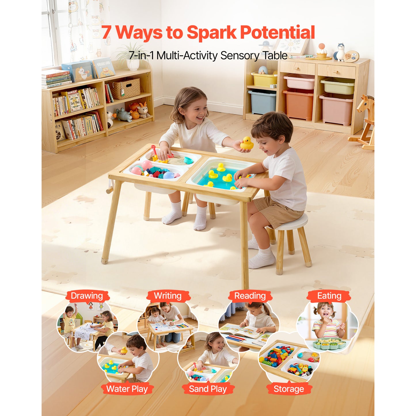 Wooden Toddler Sensory Table with 2 Stools, Double-Sided Board, Storage Bins & Non-Slip Feet