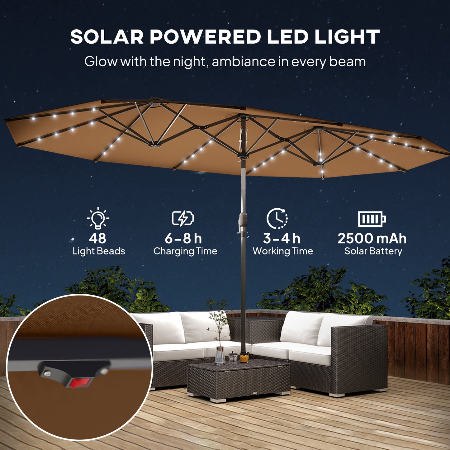 Double-Sided Garden Parasol with LED Solar Lights - Coffee