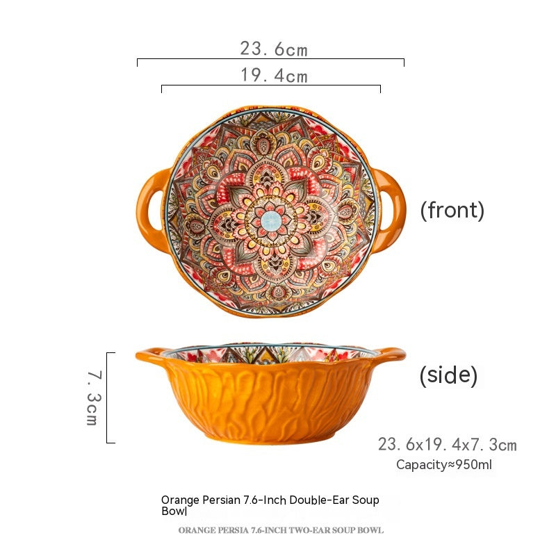 Ceramic Hand-Painted Flower Pattern Noodle Bowl with Double Handles - 950ML