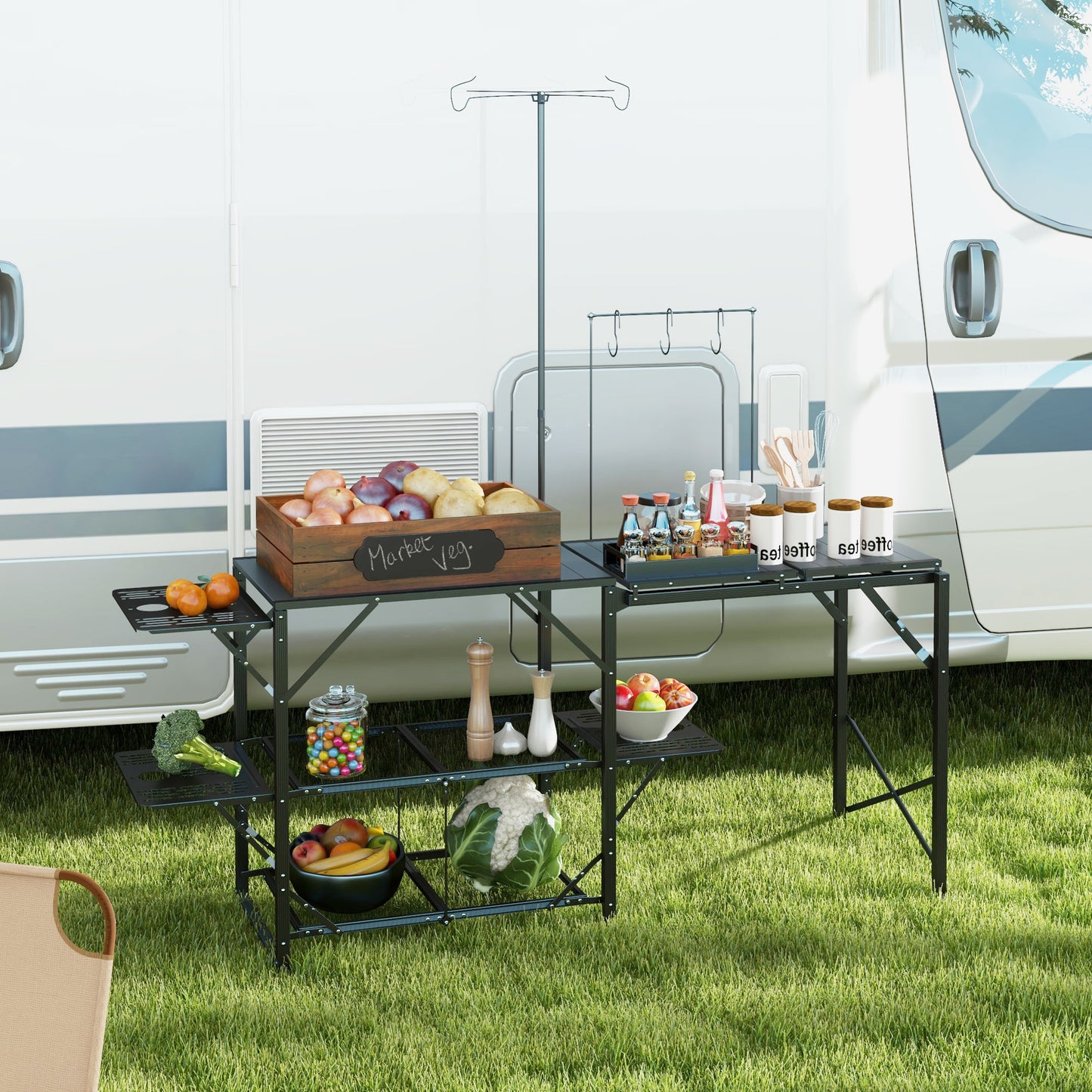 Folding Camping Kitchen Table with Adjustable Lamp Stand