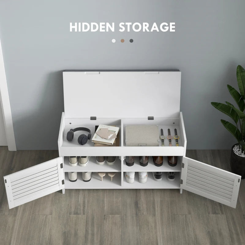 Shoe Storage Bench with Cushion and Hidden Compartments - White Entryway Organizer
